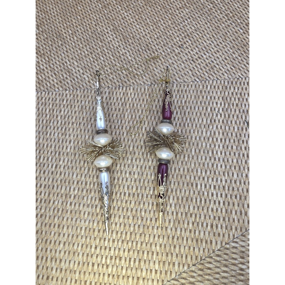 Beaded White Purple Pearl W/ Gold‎ Filigree Drop Christmas Ornaments 6" Set Of 2